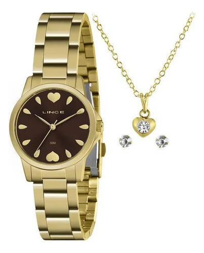 Relógio Feminino Lince Dourado Marrom Original Com
