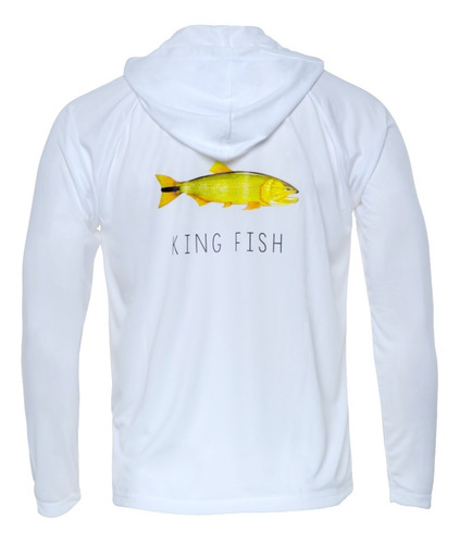 Remera Pesca King Fish Especial Capucha Uv50 Blanco Dorado