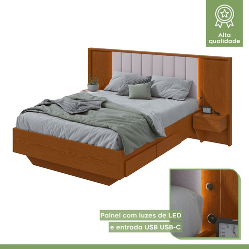 Cama Casal 140cm Com Usb, Usb-c 2 Mesa De Cabeceiras Wt