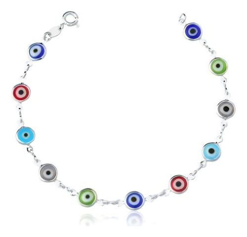Pulseira Olhos Gregos Coloridos Prata De Lei 925 Comprimento 18 Cm