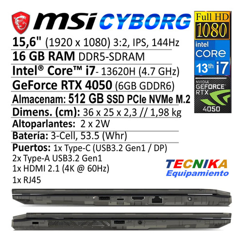 Notebook Gamer Msi Cyborg 15.6 I7 13º 512gb Ssd 16gb Rtx4050