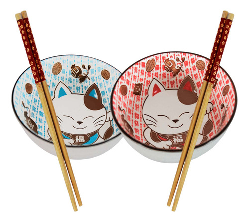 Set 2 Pcs Mini Bowl Ceramica Gato 4 Palillos Botanero Kawaii