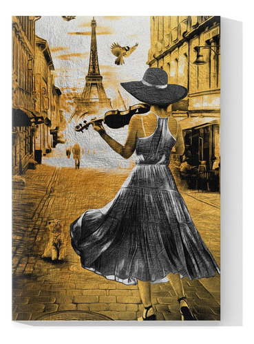 Cuadro Decorativo Mujer Tocando Violín En Dorado 45x30