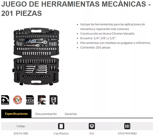 JUEGO DE HERRAMIENTAS MECANICAS 201 PIEZAS STANLEY 91988