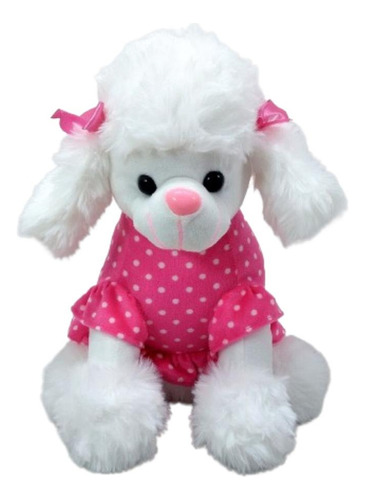 Cachorro Pelúcia Poodle Branco 28 Cm Com Roupa Lacinho E