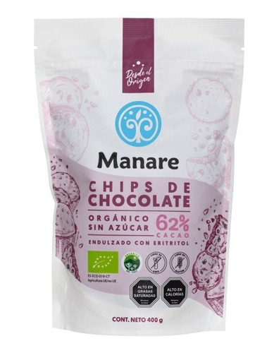 Chips De Chocolate 62% Cacao Sin Azúcar. 400 Gr. Manare