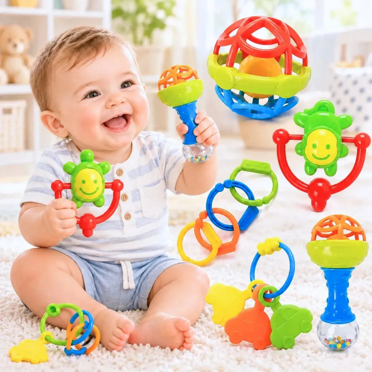 Kit Chocalho Bebe E Mordedores 8 Peças Estímulo Sensorial Brinquedo Educativo