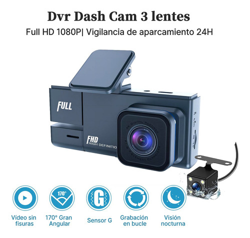 Camara De Auto Seguridad 1080p Hd Gran Angular 170°3 Cámaras