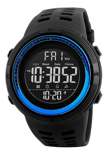 Reloj Hombre Skmei 1251 Digital Alarma Cronometro Color De La Malla Negro Color Del Bisel Azul