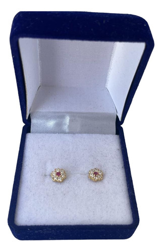 Aros De Oro 18k Flor Rubí Con Circones