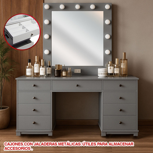 Tocador Estilo Hollywood Con Focos Espejo Camerino Blanco