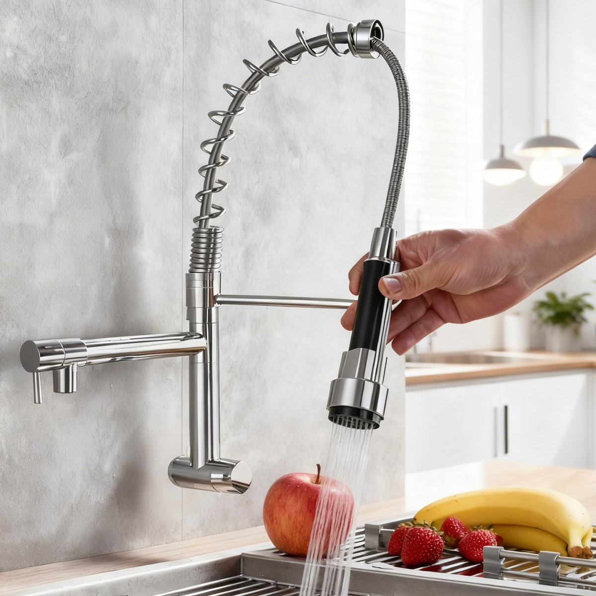 Torneira de Cozinha Monocomando Extensível 360°aço Inoxidáve Acabamento Parede Cor Prateado