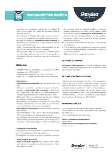 Imagen 3 de 4 de Impregnante Sinteplast Protector Hidro Repelente 4kg