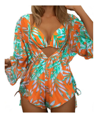 Traje 3 Kimono De Playa Mujer + Bikini De Flores