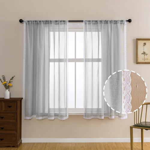 Short Grey Sheer Curtains 45 Inch Length Living Room Sm...