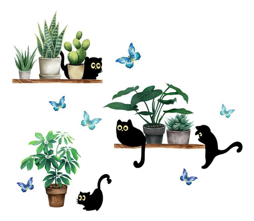 Adhesivo De Pared Con Forma De Gato, Diseño De Plantas Verde