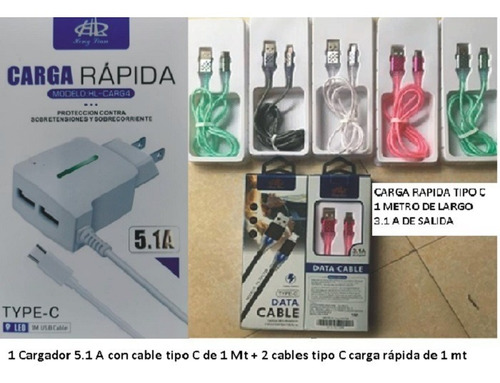 Cargador 5.1 A 5v 2 Usb Carga Rápida + 2 Cables Tipo C 1 Mt