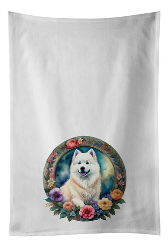 Samoyed And Flowers Kitchen Towel Set Of 2 White Dish Towels