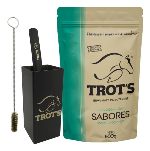 Kit Tereré Trot's Cuia Preta Bomba Larga V8 Preta Erva 500g