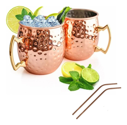 Pack 2 Mugs De Cobre Vasos Con Bombilla Moscow Mule Mojito