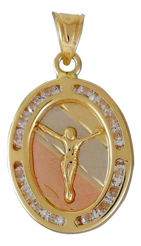 Medalla Dije Oval Con Cristo Oro 14 Kilates Con Circonias