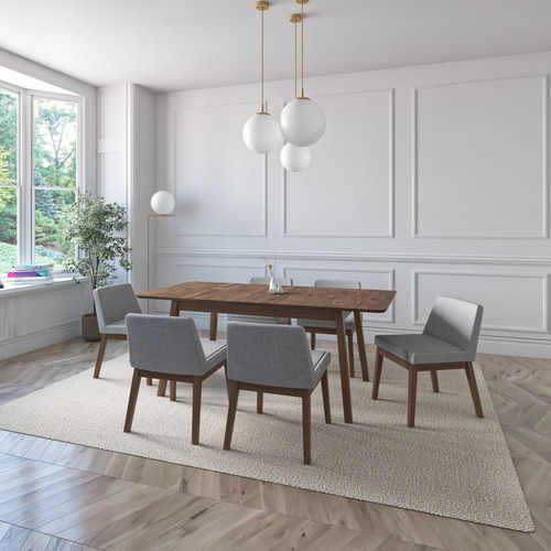 Juego De Comedor Extensible Milan De Madera Con 6 Sillas Diseño De La Tela De Las Sillas Gris Claro - Nogal