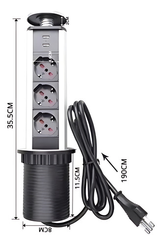 Torre Enchufe Chileno Eu 3 Enchufes 2 Usb Retráctil Muebles