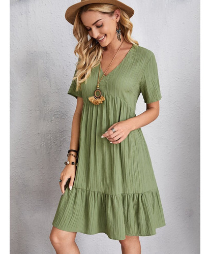 Vestido Corto Liso Holgado De Manga Corta Con Cuello En V