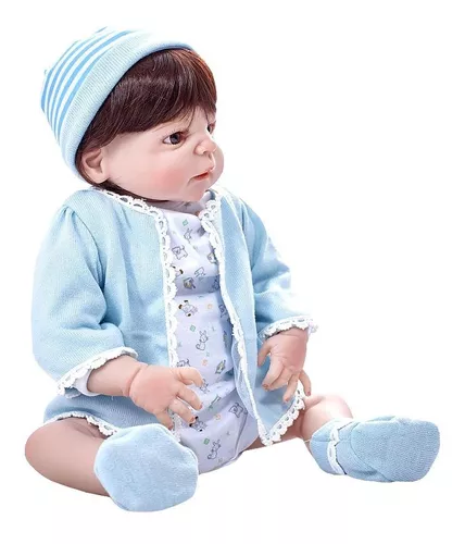 Boneco Bebê Reborn Menino Em Silicone Moreno Olho Azul 55 Cm no