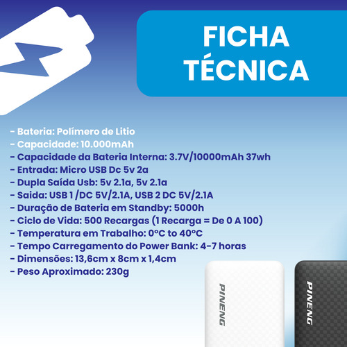 Carregador Externo Pineng 10000mah Carga Rápida Para Celular