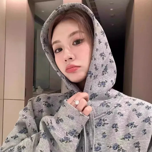 Sudadera Floral Con Capucha Y Cierre Para Mujer