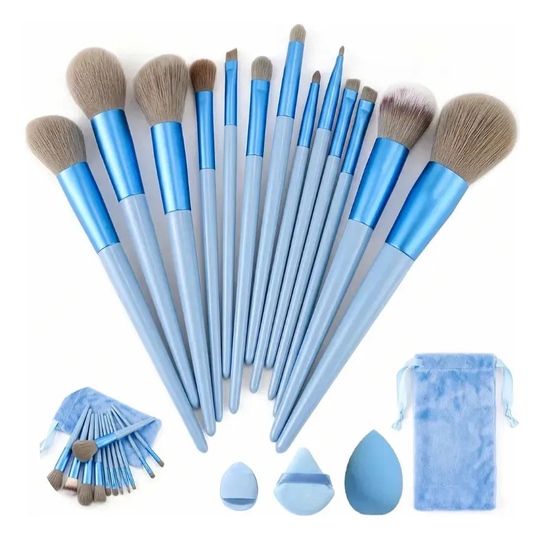 Set de Brochas de Maquillaje Ohtomber con Maquillaje 16 Piezas Esponjas en Azul