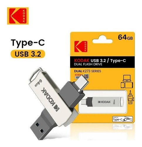 Flash Pen Drive 64gb Metal Dual Kodak Usb 3.2 & Usb Tipo C