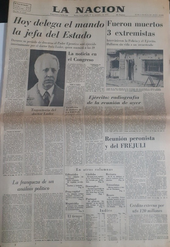 La Nacion 13/9/1975 Delega El Mando Estela Martinez De Peron