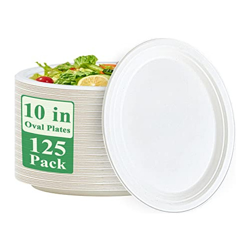 100% Compostable Oval Paper Plates 10 Inch 125 Pack Sup...