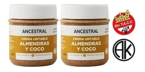 Crema De Almendras Y Coco Ancestral Untable Sin Tacc 200g X2