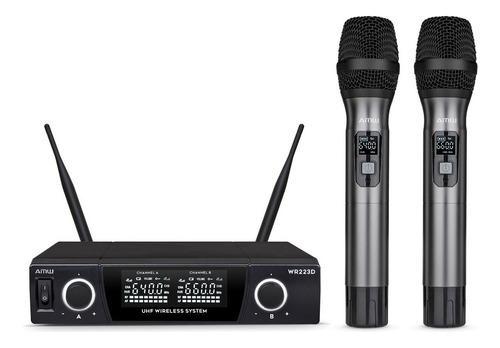 Amw Au230 Microfone Sem Fio Duplo Bastão Metal Digital Uhf Cor Cinza-escuro 