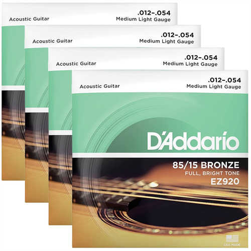 Kit Com 4 Jogos Cordas Para Violão Aço Daddario 012  Ez920