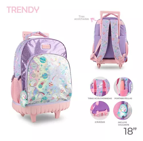 BARVE - Mochila Top Model.💖💖💖💖💖💖 Mochila con trolley escolar con un  diseño llamativo en un intenso tono lila con decoraciones estampadas como  estrellas, corazones y símbolos de la paz. En su parte