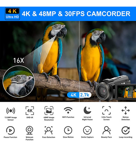 Videocámara 4k Uhd 48mp Wifi Ir Visión Cámara