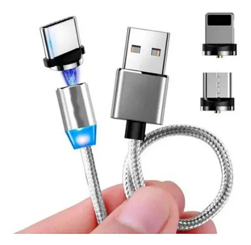 Cabo Carregador Universal Conector Magnético Led 3 em 1 com Micro USB Tipo C