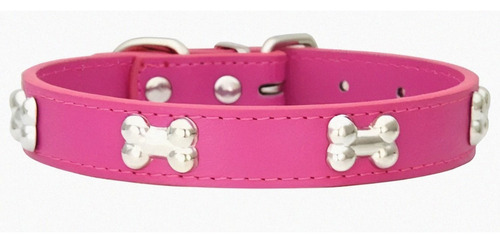 Collar Piel Sintética P/perro Raza Chica Ajustable Huesitos Color Rosa Chicle Tamaño Del Collar Chico (s)