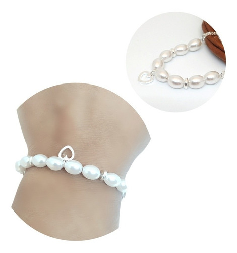 Pulsera Acero Blanco Con Perlitas  Y Dije Diseño Corazón 