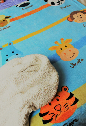 Imagen 2 de 4 de Cobertor Con Borrega Infantil 1.00x1.30 Modelo Zoo Azul