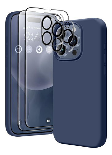 Funda iPhone 15 Pro Max + Vidrio Protector Silicona Azul Osc