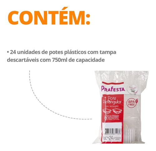 Pote Descartável 750ml Freezer Microondas Marmita - 24 Un