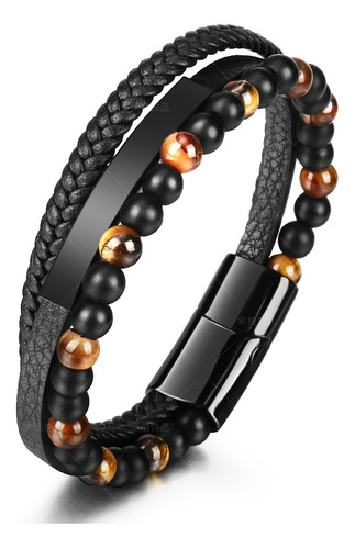 Soku Pulsera Personalizada Piel Piedra Acero Titanio Color Negro Diámetro 21 Cm Largo 21 Cm