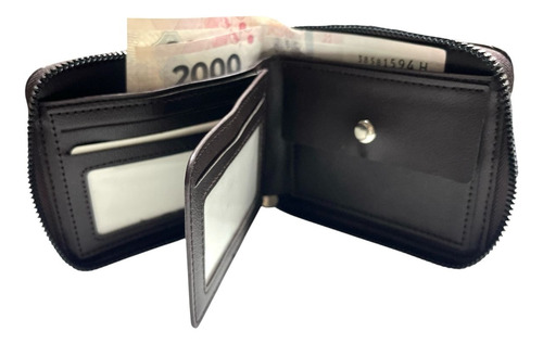Billetera Hombre Importada Cierre Metal Ecocuero Masculina Negro Liso