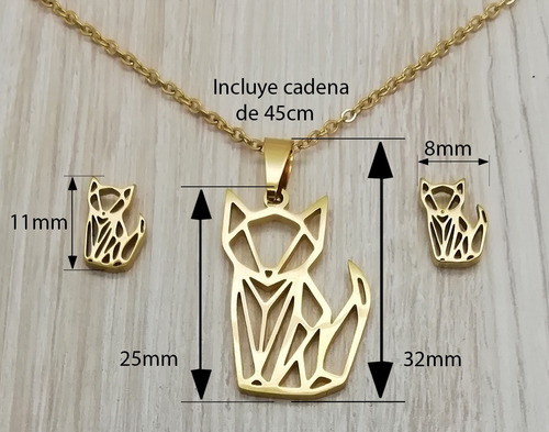 Imagen 3 de 4 de Juego Collar Y Aretes Diseño Gatos Chapa De Oro 22k M3130