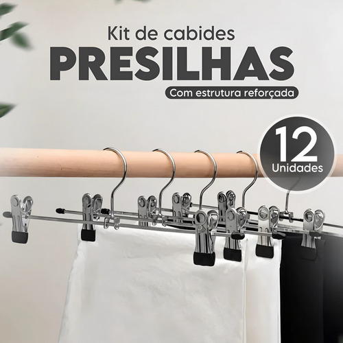Kit 12 Cabide Com Presilha Antiderrapante Calça Shorts Saia